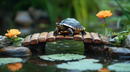 A tortoise is leisurely resting on a small wooden bridge over a serene pond. Colorful flowers and water lilies enhance the peaceful atmosphere of the garden.の素材