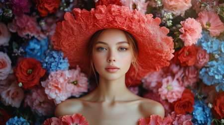 A young woman poses with a large red hat amidst an array of colorful flowers. Her soft expression and delicate features complement the lush backdrop of petals.の素材
