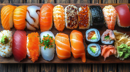 A beautifully arranged selection of sushi varieties is served on a wooden platter at a restaurant.の素材