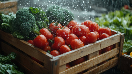 Red tomatoes and green broccoli are arranged in a crate while being sprayed with water, showing their freshness at a local market during the day.の素材