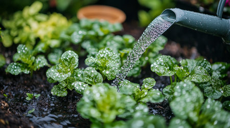 Water flows from a watering can onto vibrant green lettuce leaves in a garden, ensuring they receive essential moisture for optimal growth during a sunny day.の素材