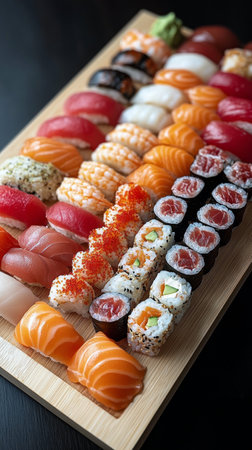 A beautifully arranged platter filled with assorted sushi rolls and fresh seafood. The vibrant colors and variety create an appealing presentation, perfect for a gathering.の素材