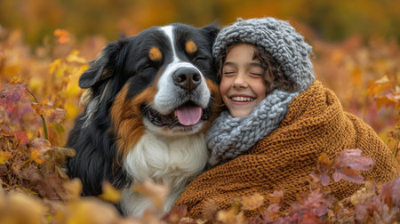 A young girl wearing a warm yellow coat and a knitted hat embraces a large, content dog with a joyful expression. The autumn park features colorful foliage.の素材