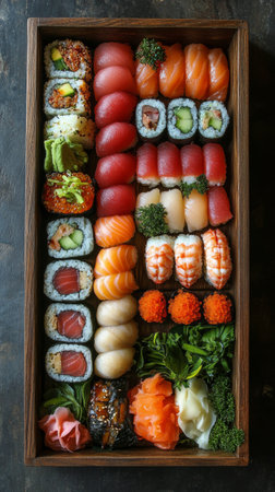 A beautifully arranged platter filled with assorted sushi rolls and fresh seafood. The vibrant colors and variety create an appealing presentation, perfect for a gathering.の素材