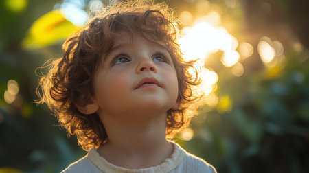 A young child with blond hair looks up thoughtfully, mesmerized by the soft sunlight streaming through the window, creating a warm atmosphere in the room.の素材