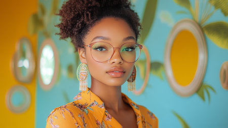 A cheerful woman with braided hair stands in a well-organized closet filled with vibrant clothing.の素材