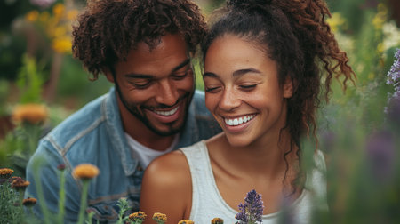 A couple smiles happily amidst colorful flowers in a garden, showcasing a moment of joy and connection on a bright sunny day, surrounded by lush greenery and blooming plants.の素材