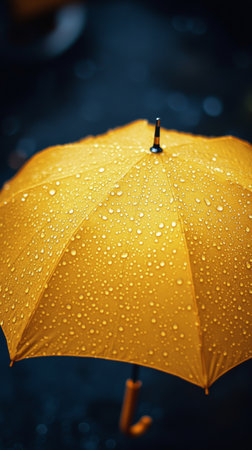 A vibrant yellow umbrella is adorned with numerous droplets, showing its brightness against a blurred, rainy backdrop, capturing the essence of a wet day.の素材