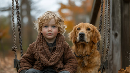 A young child sits on a swing beside a golden retriever in a wooded area, surrounded by fallen leaves in an autumn setting, exuding calmness and companionship.の素材