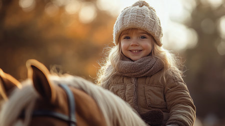 A cheerful young girl with a warm smile sits on a brown horse, dressed in cozy winter attire. The soft sunlight enhances the joyful atmosphere of the countryside.の素材