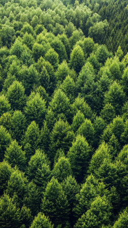 A dense canopy of green evergreen trees fills the landscape under clear blue skies, showing nature's beauty and tranquility in a vibrant setting.の素材