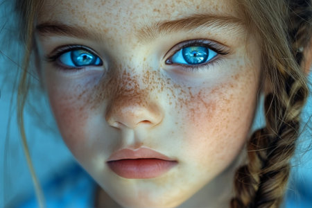 A young girl stands with braided hair, showing captivating blue eyes. Her expression is serene and curious, with soft lighting enhancing her features.の素材