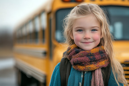 A young girl wearing a yellow knitted hat and a colorful scarf stands beside a school bus. Her friendly smile reflects a cheerful end to the school day during autumn.の素材