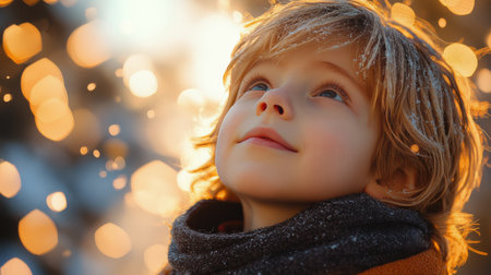 A young child with blond hair looks up thoughtfully, mesmerized by the soft sunlight streaming through the window, creating a warm atmosphere in the room.の素材