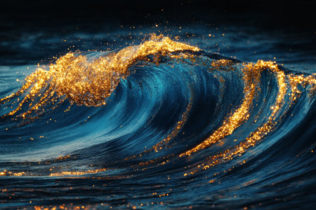 Swirls of deep blue are combined with sparkling golden flecks, creating an enchanting abstract pattern resembling shimmering waves. The design evokes a sense of tranquility and depth.の素材