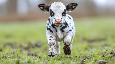 A lively, spotted calf sprints joyfully through a lush green field, embodying the essence of springtime on a farm in a serene countryside setting.の素材