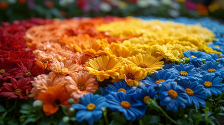 A stunning arrangement features an array of colorful flowers blending from deep blue to bright orange, creating a captivating visual experience in a vibrant setting.の素材