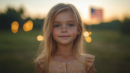 A young girl grins widely while holding a sparkler, surrounded by a warm, rustic atmosphere featuring an American flag. The joyful moment captures the spirit of celebration.の素材