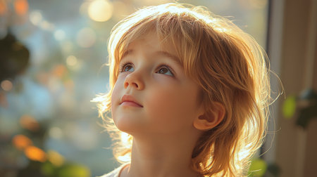 A young child with blond hair looks up thoughtfully, mesmerized by the soft sunlight streaming through the window, creating a warm atmosphere in the room.の素材