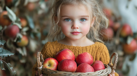 A young girl with bright blue eyes carries a basket filled with fresh red apples. The vibrant orchard backdrop showcases the beauty of autumn, highlighting the harvest season.の素材