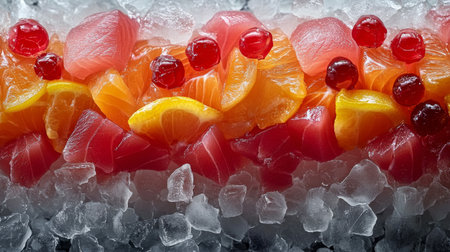 A colorful sushi platter displays fresh salmon, tuna, and cucumber slices, elegantly arranged on a bed of ice, perfect for a refined dining experience.の素材