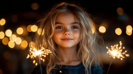A young girl grins widely while holding a sparkler, surrounded by a warm, rustic atmosphere featuring an American flag. The joyful moment captures the spirit of celebration.の素材