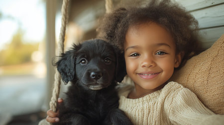 A golden retriever puppy and a smiling girl sit close on a swing set, enjoying playful moments in the sunlight. The warm atmosphere enhances their joyful bond.の素材