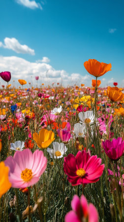 A stunning field filled with colorful wildflowers showcases a variety of blooms in orange, pink, and purple hues. The clear blue sky enhances the beauty of this spring landscape.の素材