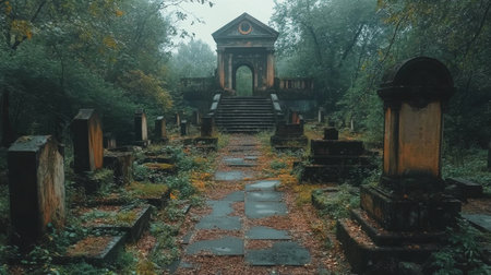 A quiet cemetery features old gravestones and a charming church in the background. Soft sunlight filters through the trees, highlighting the serene atmosphere during sunset.の素材