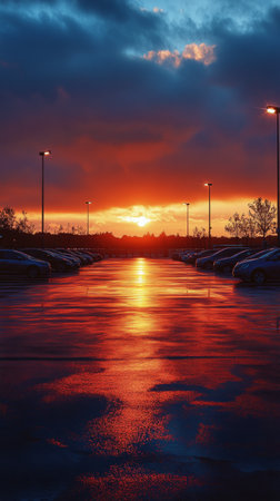 Colors of a stunning sunset illuminate a parking lot, creating reflections on the wet asphalt. Trees line the background, adding to the serene atmosphere at dusk.の素材