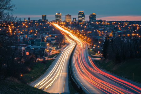 A classic car is parked on a winding road at night, surrounded by trees. Vibrant light trails from passing vehicles create a dynamic atmosphere, enhancing the tranquil setting.の素材