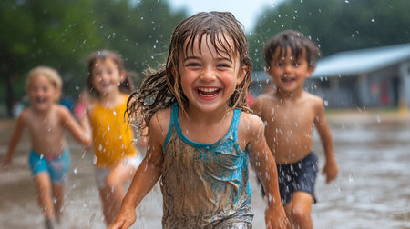 Children splash and run excitedly in shallow water, laughing and enjoying their time under the sunny sky at a playground. Their carefree fun is contagious.の素材