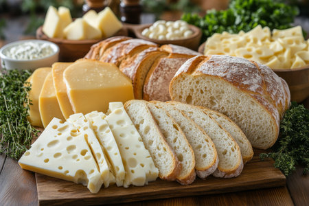A variety of sliced bread and cheeses is elegantly displayed on a wooden board, perfect for a gourmet breakfast or brunch spread. Fresh ingredients enhance the presentation.の素材