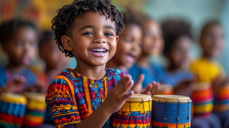 A group of children dressed in vibrant outfits enthusiastically engages in a drumming class.の素材