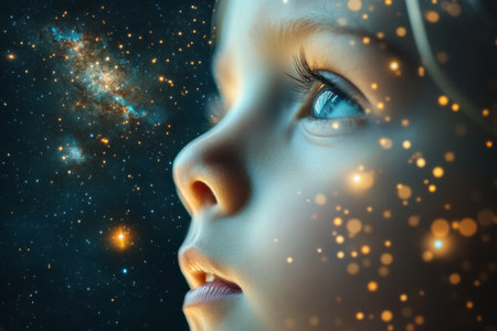 A child with bright blue eyes and freckles gazes thoughtfully into the cosmos, reflecting stars and galaxies. The setting captures a serene moment of wonder and curiosity.の素材