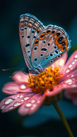 A colorful butterfly sits delicately on a pink flower, showing intricate wing patterns. Sunlight enhances the garden's beauty, creating a serene atmosphere.の素材
