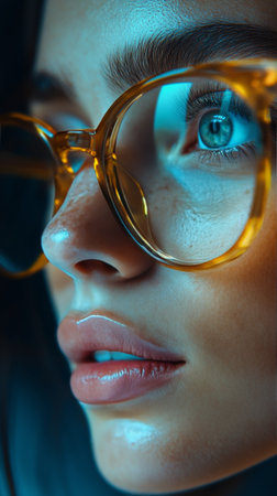 A young woman with freckles and glasses gazes directly at the viewer, her vibrant blue eyes radiating confidence as she wears a cozy, neutral-colored outfit.の素材