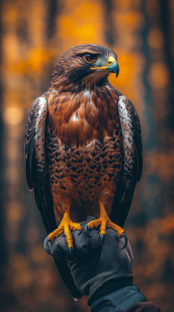 A hawk with vibrant plumage stands proudly on a gloved hand amidst a blurred forest backdrop. Its sharp gaze suggests keen awareness of its surroundings.の素材