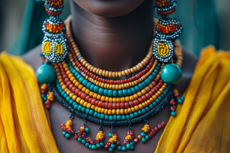 The portrait displays a woman with a graceful expression, adorned in striking traditional jewelry featuring emeralds and gold accents. Her elegant choker and earrings captivate attention.の素材