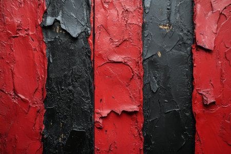 Two textured wall panels, one black and one red, meet at a sharp edge, enhanced by a narrow golden line. The rough surfaces suggest weathering and age in an urban environment.の素材