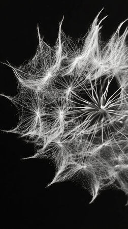 Delicate, intricate strands of a dandelion seed head showcase nature's design, illuminated beautifully against a dark background, capturing the essence of morning light.の素材