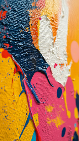 Close-up view of an abstract artwork featuring bold colors and intricate textures. The vibrant yellows, pinks, and blues merge to create an eye-catching visual experience.の素材
