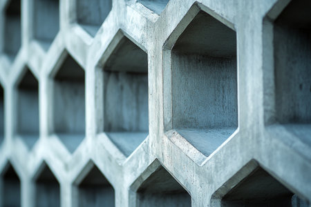 Geometric patterns of hexagonal shapes are displayed on a concrete wall, showcasing the sleek, modern architectural design accentuated by shadows and light.の素材