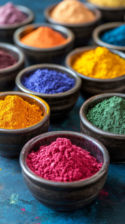 Bowls filled with vibrant spice powders display a variety of colors. The bright hues range from deep purple to sunny yellow, creating a lively atmosphere in a culinary space.の素材