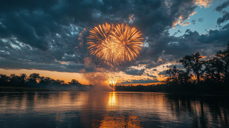 Spectacular fireworks burst in the sky, reflecting on the still surface of the lake, while a vibrant sunset paints the horizon with rich hues of red and orange.の素材
