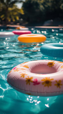 Brightly colored pool floats are scattered across a sparkling blue swimming pool under a clear sky. The setting creates a vibrant and cheerful atmosphere perfect for relaxation.の素材