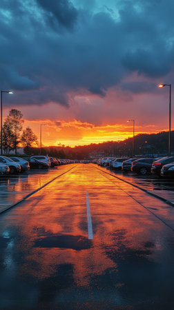 Colors of a stunning sunset illuminate a parking lot, creating reflections on the wet asphalt. Trees line the background, adding to the serene atmosphere at dusk.の素材