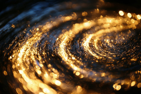 A mesmerizing swirling vortex of golden particles is depicted, symbolizing the gravity and mystery of a cosmic black hole. The scene showcases an illusion of depth and energy.の素材