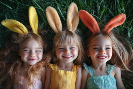 Three young girls wear bright bunny ear headbands while smiling and resting their chins on their hands in a lush green field. The atmosphere feels joyful and playful.の素材