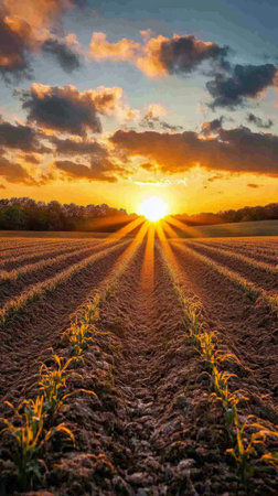 A bright sunrise casts golden rays over a freshly plowed agricultural field, highlighting the organized rows of earth. The warm colors create a peaceful rural panorama.の素材